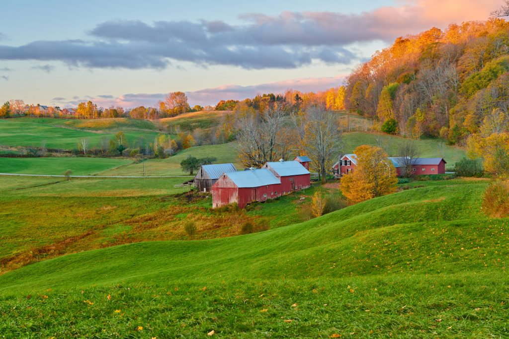 Jenne Farm with barn at sunny autumn morning in Vermont, USA